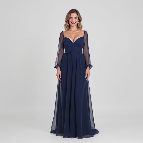 Women Chiffon A-Line Dress – Elegant, Navy, Size 6-14