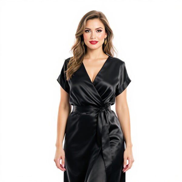 Women Satin Wrap Dress – Midi, Black, Sizes XS-XL