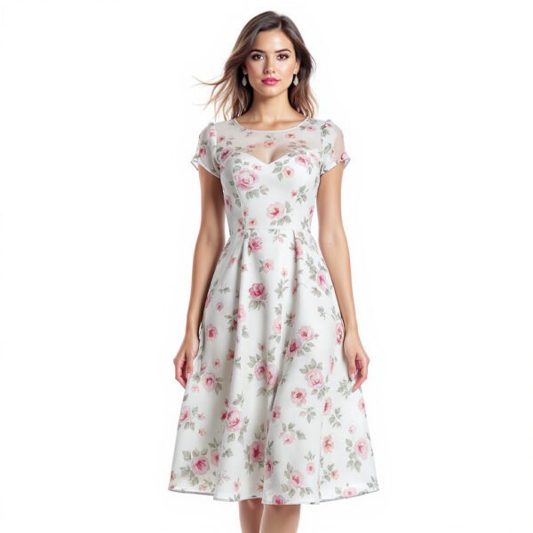 Women Polyester Midi Dress – Floral Print, A-Line, Size 4-14