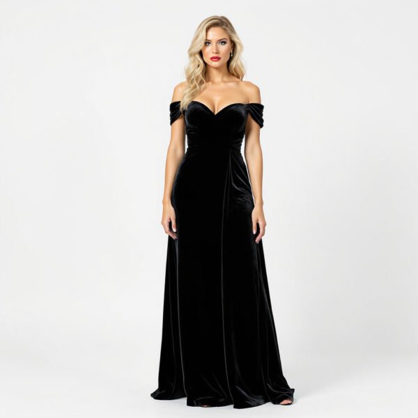 Women Velvet Maxi Dress – Off Shoulder, Black, Sizes 2-12